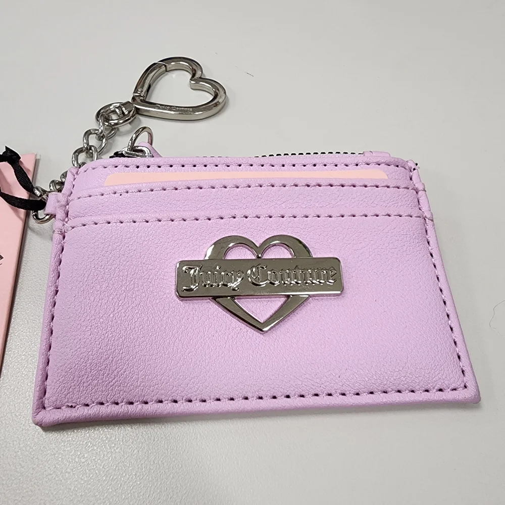 Juicy Couture Pink Faux Leather Glam Card Case Wallet Silver Heart Keychain Clip